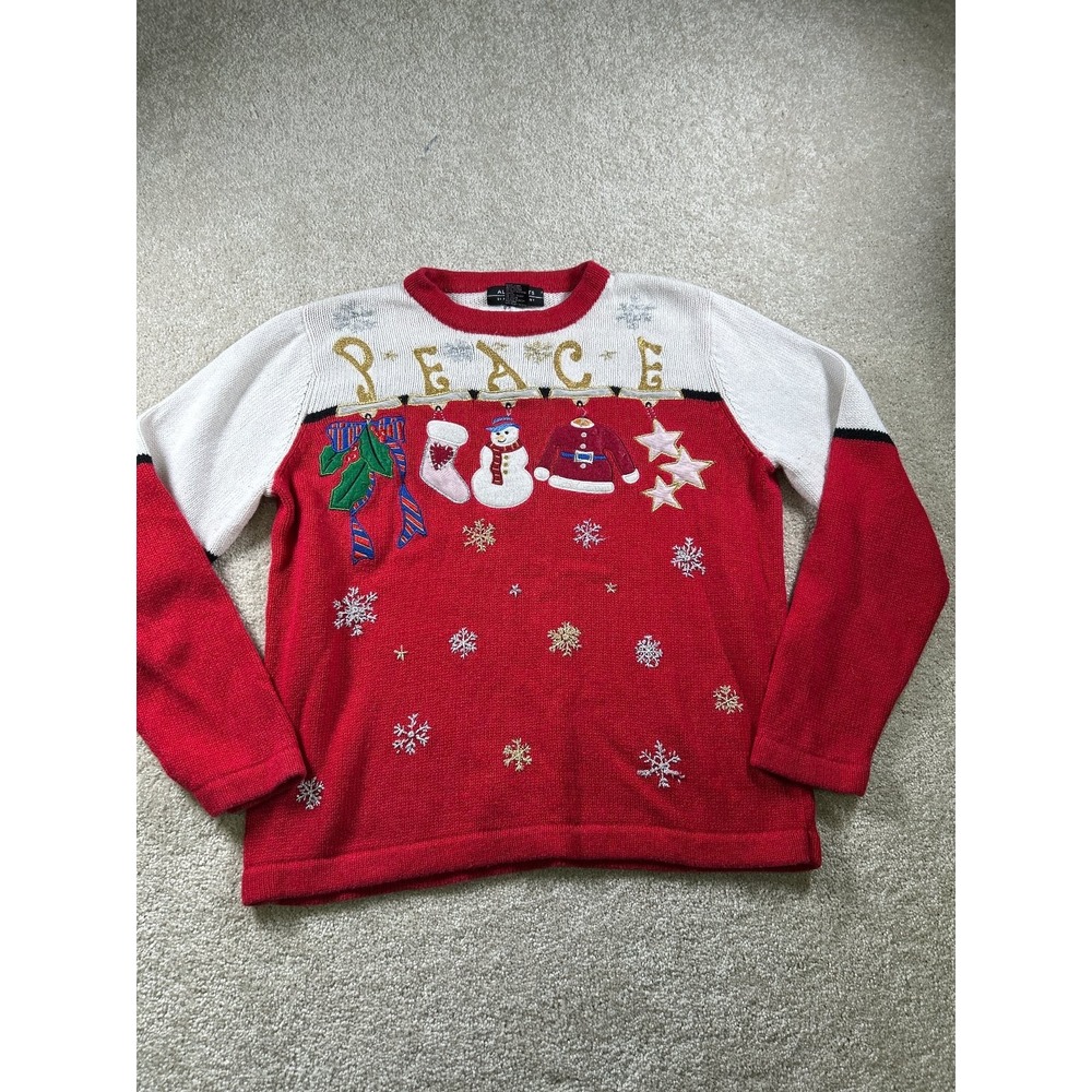 All Points Women's Red White Medium Christmas Peace Sweater